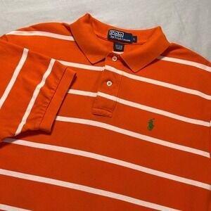 Polo Ralph Lauren Polo Shirt Mens L Orange White Striped Short‎ Sleeve